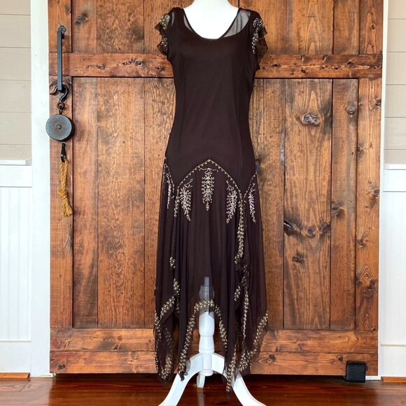 Dark Romantic Whimsigoth Fairy Core Embroidered Mesh Maxi Dress Sz 10 - Picture 1 of 13
